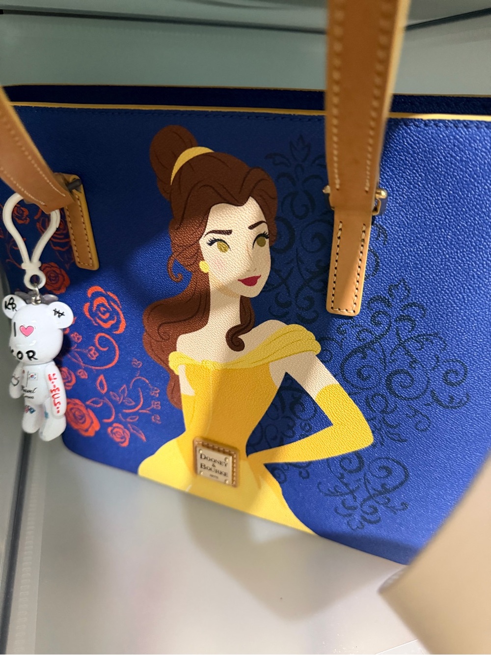 Dooney & Bourke Blue and Yellow Belle Tote with Tan Handles